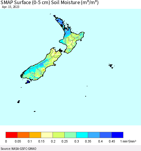 New Zealand SMAP Surface (0-5 cm) Soil Moisture (m³/m³) Thematic Map For 4/11/2023 - 4/15/2023
