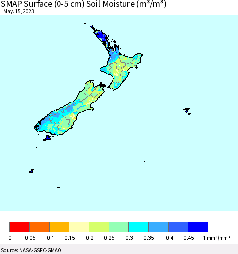 New Zealand SMAP Surface (0-5 cm) Soil Moisture (m³/m³) Thematic Map For 5/11/2023 - 5/15/2023