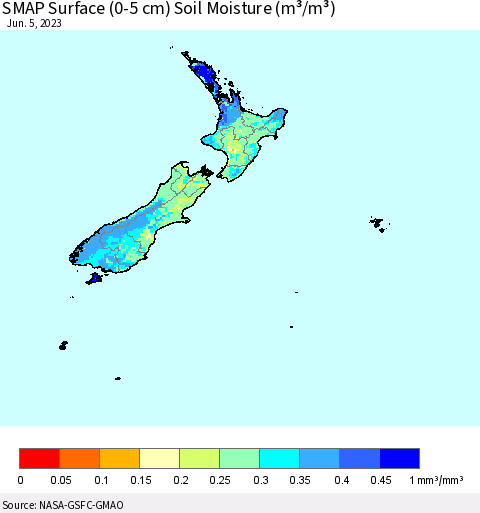 New Zealand SMAP Surface (0-5 cm) Soil Moisture (m³/m³) Thematic Map For 6/1/2023 - 6/5/2023