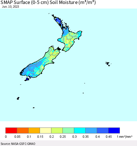 New Zealand SMAP Surface (0-5 cm) Soil Moisture (m³/m³) Thematic Map For 6/6/2023 - 6/10/2023