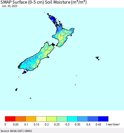 New Zealand SMAP Surface (0-5 cm) Soil Moisture (m³/m³) Thematic Map For 6/26/2023 - 6/30/2023