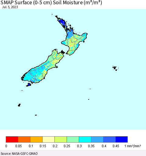 New Zealand SMAP Surface (0-5 cm) Soil Moisture (m³/m³) Thematic Map For 7/1/2023 - 7/5/2023