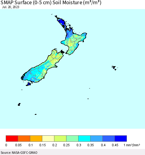 New Zealand SMAP Surface (0-5 cm) Soil Moisture (m³/m³) Thematic Map For 7/16/2023 - 7/20/2023