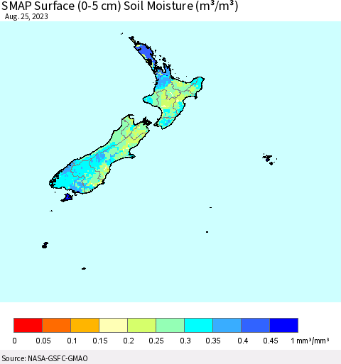 New Zealand SMAP Surface (0-5 cm) Soil Moisture (m³/m³) Thematic Map For 8/21/2023 - 8/25/2023