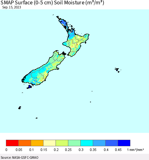 New Zealand SMAP Surface (0-5 cm) Soil Moisture (m³/m³) Thematic Map For 9/11/2023 - 9/15/2023