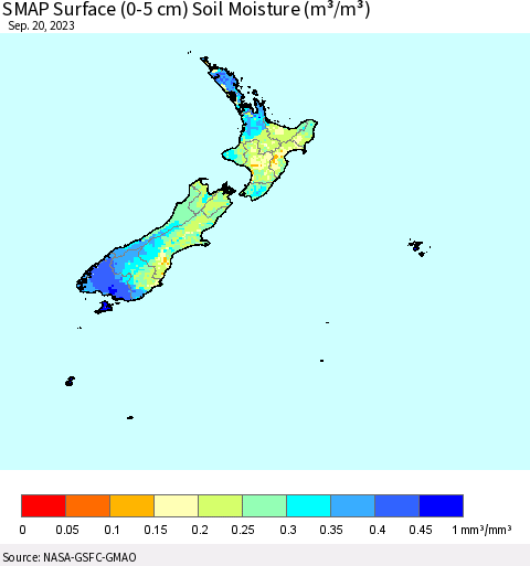 New Zealand SMAP Surface (0-5 cm) Soil Moisture (m³/m³) Thematic Map For 9/16/2023 - 9/20/2023