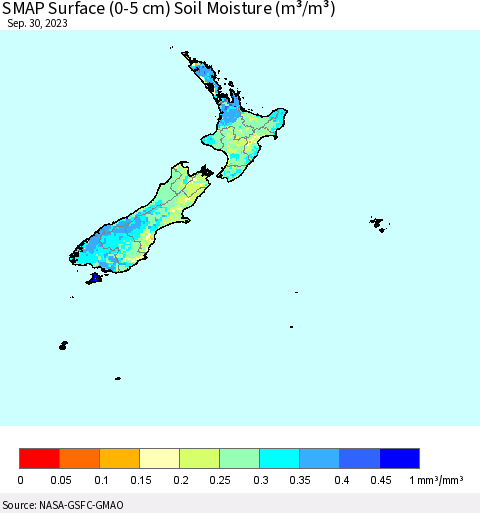 New Zealand SMAP Surface (0-5 cm) Soil Moisture (m³/m³) Thematic Map For 9/26/2023 - 9/30/2023