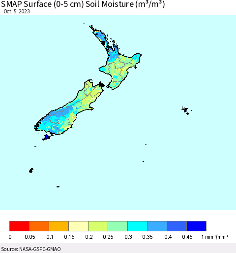 New Zealand SMAP Surface (0-5 cm) Soil Moisture (m³/m³) Thematic Map For 10/1/2023 - 10/5/2023