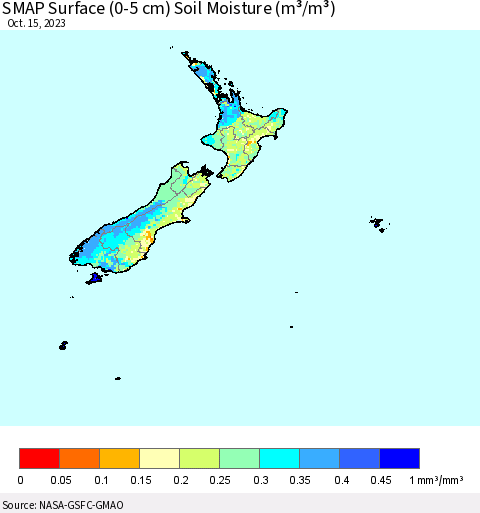 New Zealand SMAP Surface (0-5 cm) Soil Moisture (m³/m³) Thematic Map For 10/11/2023 - 10/15/2023
