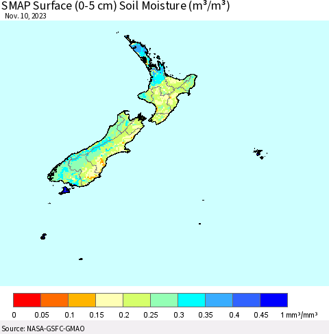 New Zealand SMAP Surface (0-5 cm) Soil Moisture (m³/m³) Thematic Map For 11/6/2023 - 11/10/2023
