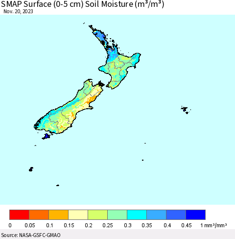 New Zealand SMAP Surface (0-5 cm) Soil Moisture (m³/m³) Thematic Map For 11/16/2023 - 11/20/2023