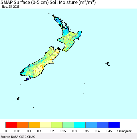 New Zealand SMAP Surface (0-5 cm) Soil Moisture (m³/m³) Thematic Map For 11/21/2023 - 11/25/2023