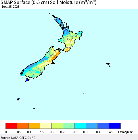 New Zealand SMAP Surface (0-5 cm) Soil Moisture (m³/m³) Thematic Map For 12/21/2023 - 12/25/2023