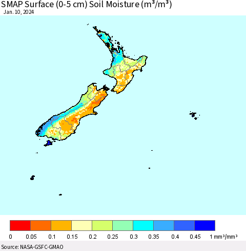 New Zealand SMAP Surface (0-5 cm) Soil Moisture (m³/m³) Thematic Map For 1/6/2024 - 1/10/2024