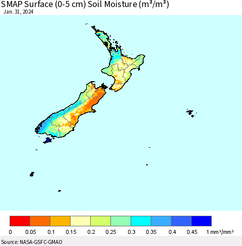 New Zealand SMAP Surface (0-5 cm) Soil Moisture (m³/m³) Thematic Map For 1/26/2024 - 1/31/2024
