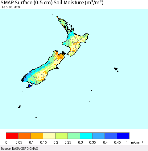 New Zealand SMAP Surface (0-5 cm) Soil Moisture (m³/m³) Thematic Map For 2/6/2024 - 2/10/2024