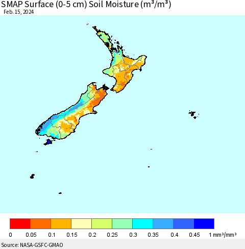 New Zealand SMAP Surface (0-5 cm) Soil Moisture (m³/m³) Thematic Map For 2/11/2024 - 2/15/2024