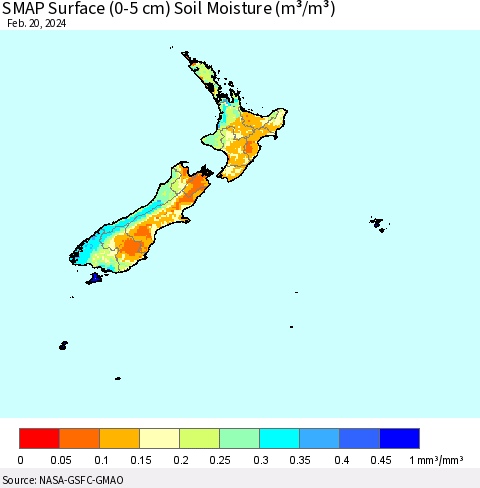 New Zealand SMAP Surface (0-5 cm) Soil Moisture (m³/m³) Thematic Map For 2/16/2024 - 2/20/2024