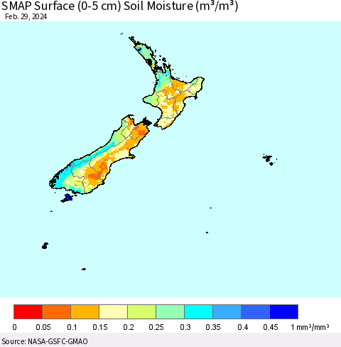 New Zealand SMAP Surface (0-5 cm) Soil Moisture (m³/m³) Thematic Map For 2/26/2024 - 2/29/2024