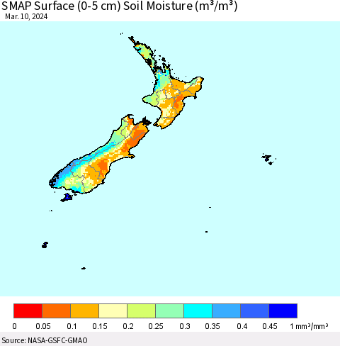 New Zealand SMAP Surface (0-5 cm) Soil Moisture (m³/m³) Thematic Map For 3/6/2024 - 3/10/2024