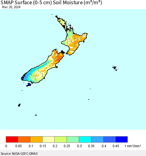 New Zealand SMAP Surface (0-5 cm) Soil Moisture (m³/m³) Thematic Map For 3/16/2024 - 3/20/2024