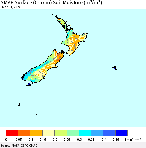 New Zealand SMAP Surface (0-5 cm) Soil Moisture (m³/m³) Thematic Map For 3/26/2024 - 3/31/2024