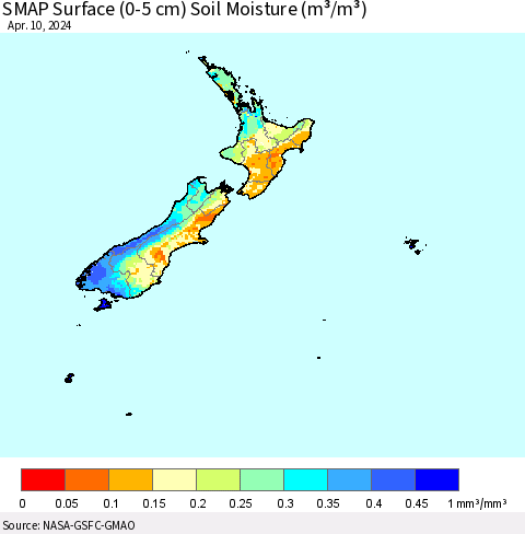 New Zealand SMAP Surface (0-5 cm) Soil Moisture (m³/m³) Thematic Map For 4/6/2024 - 4/10/2024