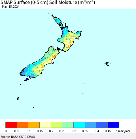 New Zealand SMAP Surface (0-5 cm) Soil Moisture (m³/m³) Thematic Map For 5/11/2024 - 5/15/2024