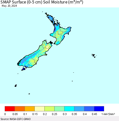 New Zealand SMAP Surface (0-5 cm) Soil Moisture (m³/m³) Thematic Map For 5/16/2024 - 5/20/2024