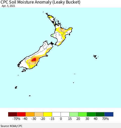 New Zealand CPC Soil Moisture Anomaly (Leaky Bucket) Thematic Map For 4/1/2021 - 4/5/2021