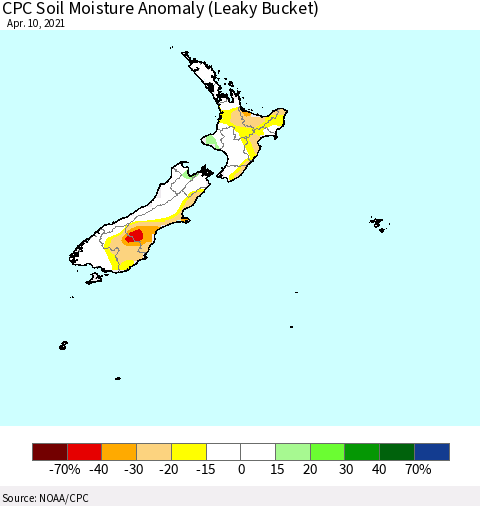 New Zealand CPC Soil Moisture Anomaly (Leaky Bucket) Thematic Map For 4/6/2021 - 4/10/2021