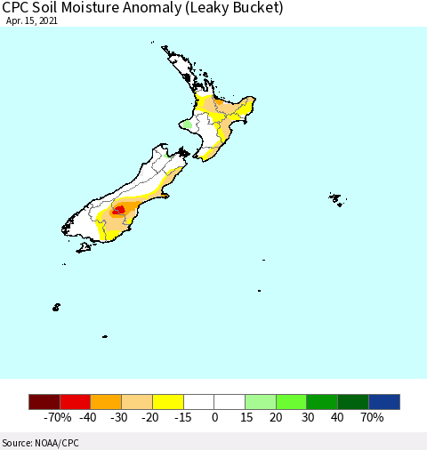 New Zealand CPC Soil Moisture Anomaly (Leaky Bucket) Thematic Map For 4/11/2021 - 4/15/2021
