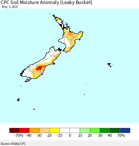 New Zealand CPC Soil Moisture Anomaly (Leaky Bucket) Thematic Map For 5/1/2021 - 5/5/2021