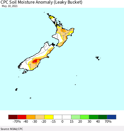New Zealand CPC Soil Moisture Anomaly (Leaky Bucket) Thematic Map For 5/6/2021 - 5/10/2021