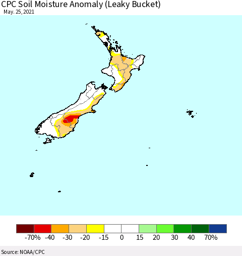 New Zealand CPC Soil Moisture Anomaly (Leaky Bucket) Thematic Map For 5/21/2021 - 5/25/2021