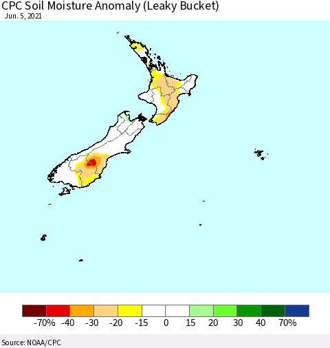 New Zealand CPC Soil Moisture Anomaly (Leaky Bucket) Thematic Map For 6/1/2021 - 6/5/2021