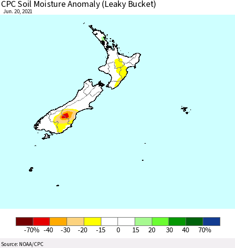 New Zealand CPC Soil Moisture Anomaly (Leaky Bucket) Thematic Map For 6/16/2021 - 6/20/2021