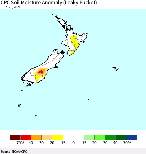 New Zealand CPC Soil Moisture Anomaly (Leaky Bucket) Thematic Map For 6/21/2021 - 6/25/2021