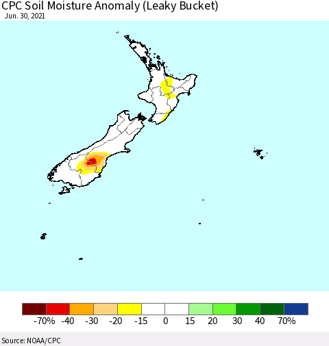 New Zealand CPC Soil Moisture Anomaly (Leaky Bucket) Thematic Map For 6/26/2021 - 6/30/2021
