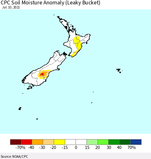 New Zealand CPC Soil Moisture Anomaly (Leaky Bucket) Thematic Map For 7/6/2021 - 7/10/2021