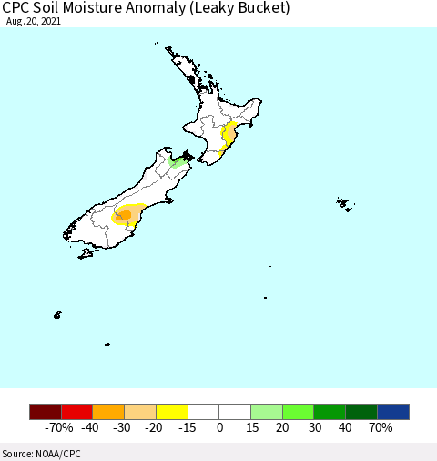 New Zealand CPC Soil Moisture Anomaly (Leaky Bucket) Thematic Map For 8/16/2021 - 8/20/2021