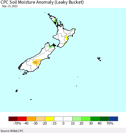 New Zealand CPC Soil Moisture Anomaly (Leaky Bucket) Thematic Map For 9/11/2021 - 9/15/2021