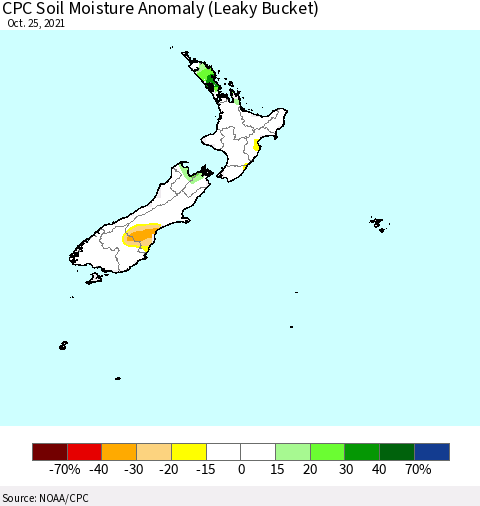 New Zealand CPC Soil Moisture Anomaly (Leaky Bucket) Thematic Map For 10/21/2021 - 10/25/2021