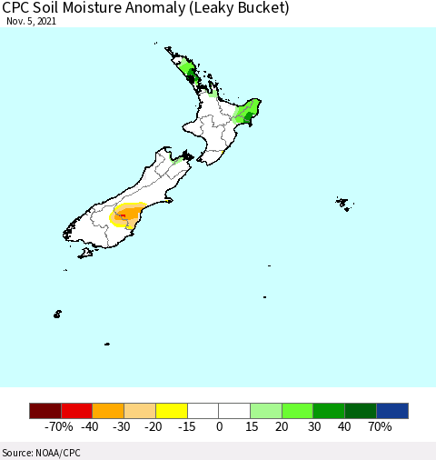 New Zealand CPC Soil Moisture Anomaly (Leaky Bucket) Thematic Map For 11/1/2021 - 11/5/2021