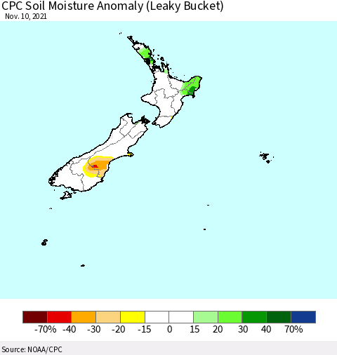 New Zealand CPC Soil Moisture Anomaly (Leaky Bucket) Thematic Map For 11/6/2021 - 11/10/2021