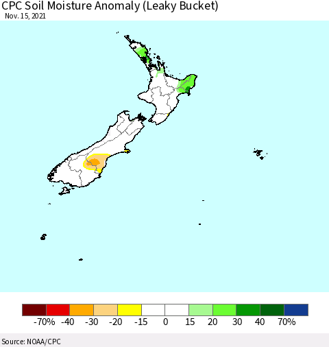 New Zealand CPC Soil Moisture Anomaly (Leaky Bucket) Thematic Map For 11/11/2021 - 11/15/2021
