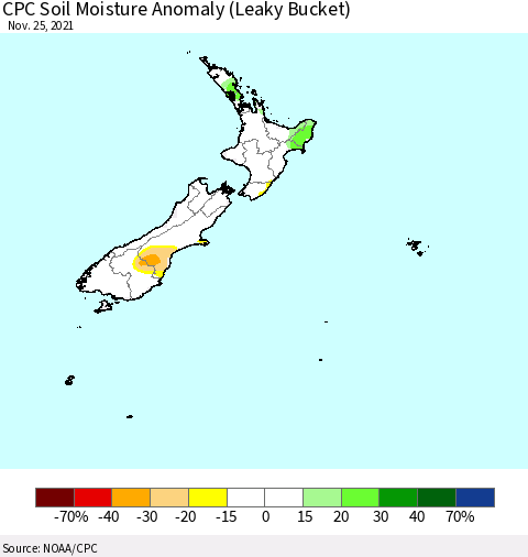 New Zealand CPC Soil Moisture Anomaly (Leaky Bucket) Thematic Map For 11/21/2021 - 11/25/2021