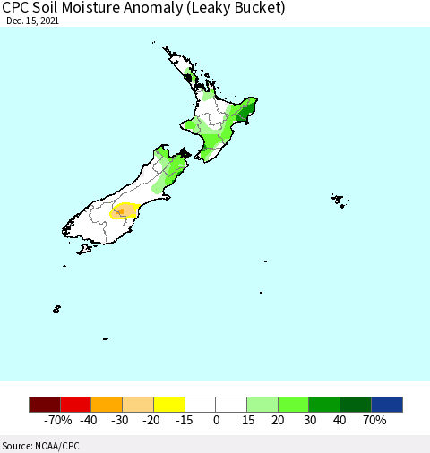New Zealand CPC Soil Moisture Anomaly (Leaky Bucket) Thematic Map For 12/11/2021 - 12/15/2021