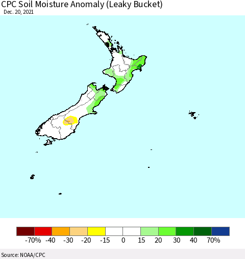 New Zealand CPC Soil Moisture Anomaly (Leaky Bucket) Thematic Map For 12/16/2021 - 12/20/2021