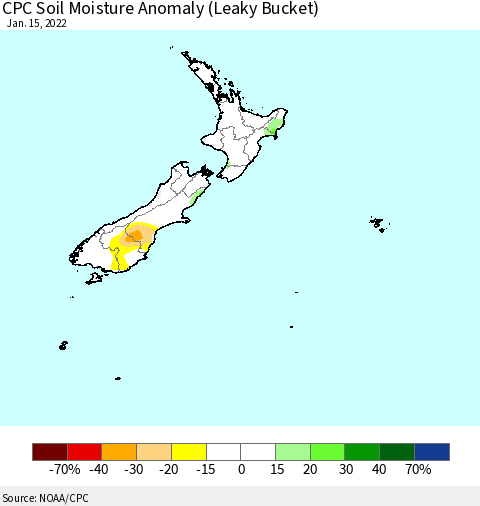 New Zealand CPC Soil Moisture Anomaly (Leaky Bucket) Thematic Map For 1/11/2022 - 1/15/2022